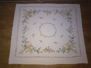 Obrus w kwiaty gałązki rośliny zielony 110cm x 95cm stary PRL symetria