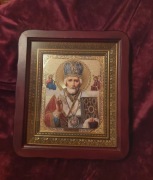 Piękna Ikona prawosławna w kiocie za szkłem Święty Mikołaj Biskup Miry. 