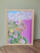 Obraz ręcznie malowany 30x40 – „Lekki powiew”  kwiaty, kobieta, pastelowy