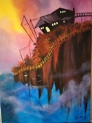 Dom na skale, fantazyjny, bajkowy, obraz ręcznie malowany 