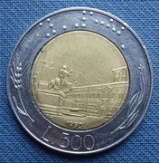 Moneta Włochy 500 lirów 1990