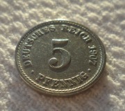 Niemcy Kaiser Wilhelm II Hohenzollern 5 pfennig 1907 A Berlin Prusy KM# 11