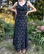 Długa czarna sukienka vintage retro 36 S Y2K 90s goth prosta w kwiaty
