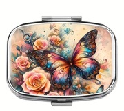 Metalowe pudełko organizer na leki. Motyl w kwatach.