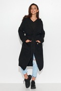 Wiązany paskiem kardigan z kapturem kieszenie CZARNY