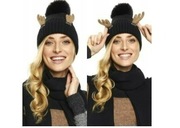 Czapka  duży pompon rogi renifera czarna