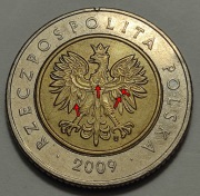 5 zł 2009, destrukt, wykruszenie stempla, laminacja