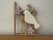 Drewniana Figurka 3D Biały Ptaszek Ceramiczny Kwiatki / 12 cm