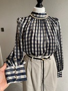 Bluzka damska w kratę premium szafa kapsułowa granatowo beżowa jesień