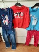 Zestaw r.104 jeansy, leginsy, bluzki i swetr