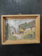 Stary obraz olejny – pejzaż wiejski, drewniana rama, malarstwo, vintage