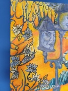 Obraz olejny ludzie głowy żółty niebieski latarnia park droga