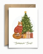 Kartka świąteczna bożonarodzeniowa - Kot przy choince