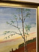 Obraz olejny „Brzoza na wrzosowisku” – sygnowany F. Richter, rama złocona