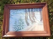 Stary obraz. Pejzaż zimowy. Autor nieznany. Akwarela