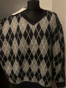 ZARA sweter tunika oversize z wełną gruby duży wzory romby V neck