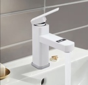 Kran bateria umywalkowa biała z cyfrowym wyświetlaczem temperatury LED