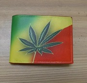 Stylowy portfel męski z motywem liścia i kolorowym tłem