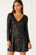 Czarna sukienka z rękawami cekinowa lekko rozkloszowana