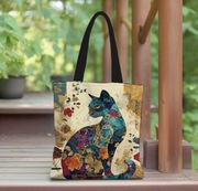 Torba na ramię lniana z motywem kota i kwiatów