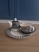 Nowy zstaw porcelany Goebel w paski zaparzacz, talerz, filiżanka