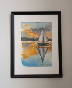 akwarela obraz  zachód słońca nad jeziorem format A4