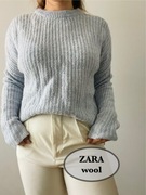 Błękitny sweter moher wełna oversize niebieski warkoczowy splot ZARA 38 M