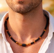 NASZYJNIK BURSZTYN KAMIEŃ SUROWY TURMALIN ONYKS MATOWY PUDEŁKO STAL 316L