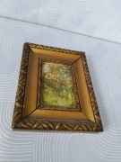 Obraz malowany na dykcie domek w górach.