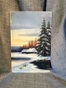 Stary obraz olejny pejzażowy na desce „Zimowy dzień”  lata 70-te 