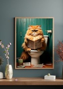 Plakat Rudy puszysty kot z gazetą na WC 30x40cm