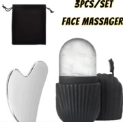 Zestaw 3w1: Roller do twarzy + Gua Sha stalowy + masażer