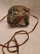 Mała torebka gobelinowa vintage 12x13 cm – motyw żurawi, skórzane elementy