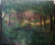Obraz olejny ręcznie malowany Pejzaż Las Natura Drzewa Woda