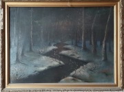 Obraz Olejny w Złoconej Ramie „Potok w zimowym lesie” J. Adamski 1909 rok!