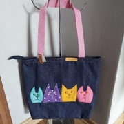 4 KOLOROWE KOTY -nowa torba zakupowa na zamek z dżinsu-rękodzieło hand made