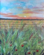 OBRAZ RĘCZNIE MALOWANY PEJZAŻ AKRYLOWY "WŚRÓD MAKOWYCH POLAN" - 30x24cm