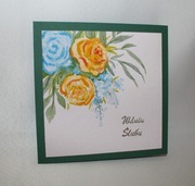 Kartka ręcznie malowana ślubna na ślub urodziny zielona w kwiaty róże