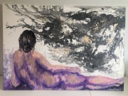 Obraz AKRYL pouring, fiolet i złoto