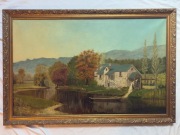 Wielki Obraz Olejny 126 cm | Młyn Wodny, Alpy | Bogata Złota Rama