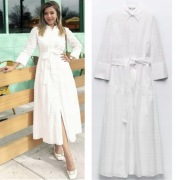 ZARA sukienka koszulowa midi z ażurowym haftem falbaną i paskiem, biała, S