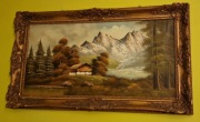 Stary Obraz Olejny – Malowniczy Pejzaż Górski (Tyrol) – Bogata Złocona Rama
