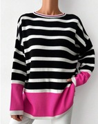 Sweter oversize pasy czerń, róż  XXL nowy bez metki
