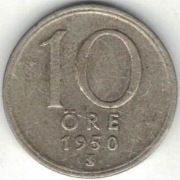 Szwecja 10 ore 1950 - 15 mm - srebro Ag