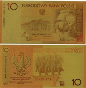 Banknot Pozłacany 10 zł. Józef PIŁSUDSKI Niepodległość 2008r.