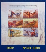Znaczki fauna:604: dinozaury- Polska 2000r **