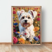 Plakat Piesek Maltańczyk wśród kwiatów A3 (30x40)
