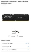 Pamięć RAM Kingston FURY Beast DDR5 32GB 5600 CL40 Czarny