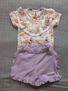 Elegancki komplet body z koronką + spodenki z falbanką, rozm. 80