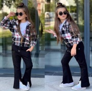 Nowy komplet zestaw 3 częściowy bluzka + bluza krata + czarne dzwony r. 104